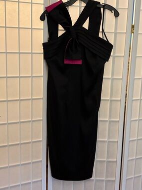 Cache Black Midi Dress with Magenta Bow Accent